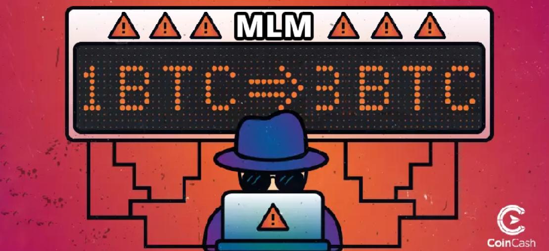 MLM felirat alatt 1 BTC-ből 3 BTC-re mutató nyíl, alatta egy csaló ember